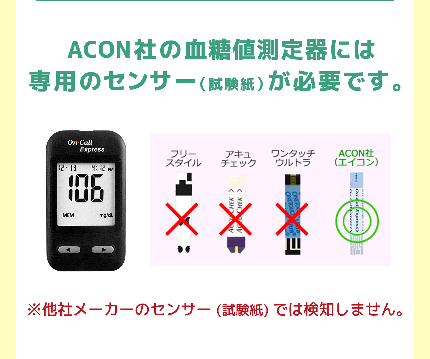 ACON社の血糖値測定器には専用のセンサー（試験紙）が必要です。